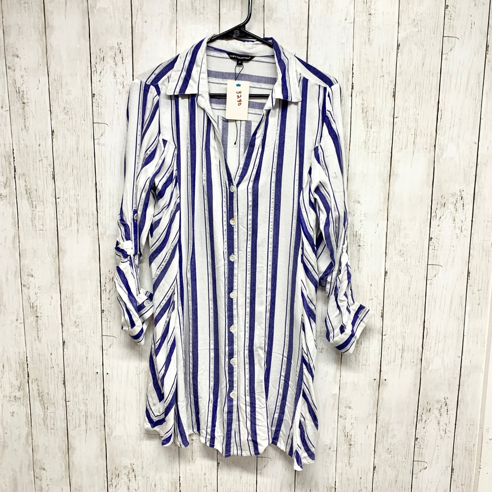 Club Z Collection‎ Striped Button Down Coverup Womens Size M Blue White Metallic